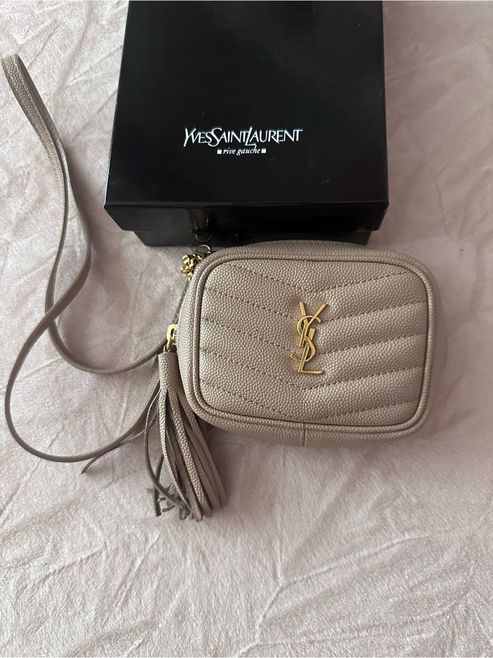 AUTHENTIC Yves Saint Laurent Beige Mini Quilted Leather Camera Bag with Tassel